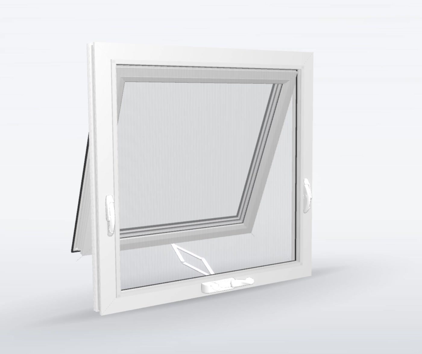 An open awning window with its winder arm and screen