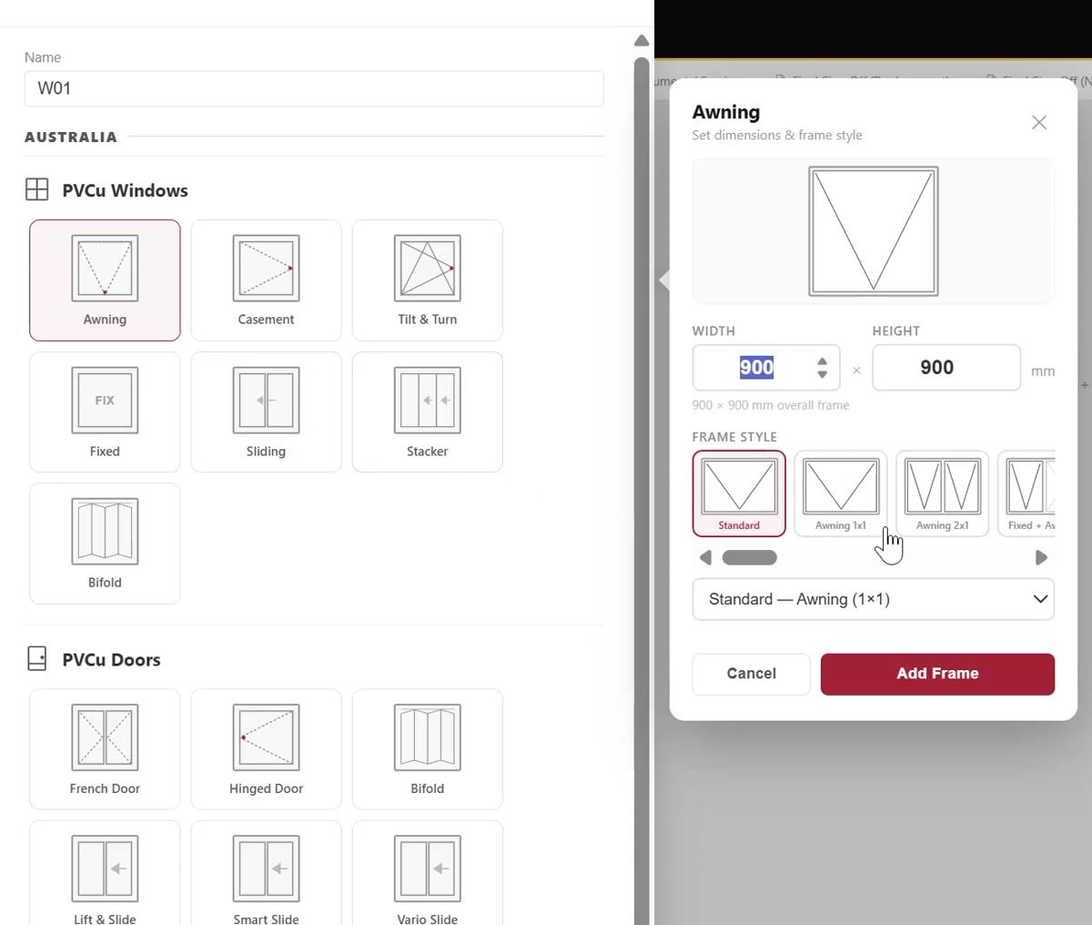 The new frame panel listing window and door types