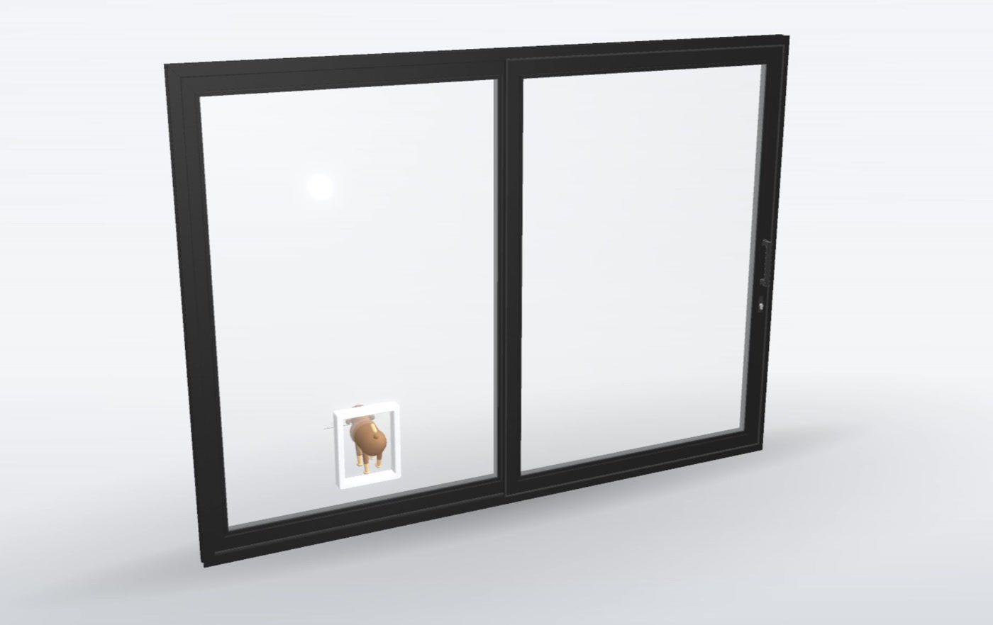 A sliding door with a pet door and a 3D dog walking through