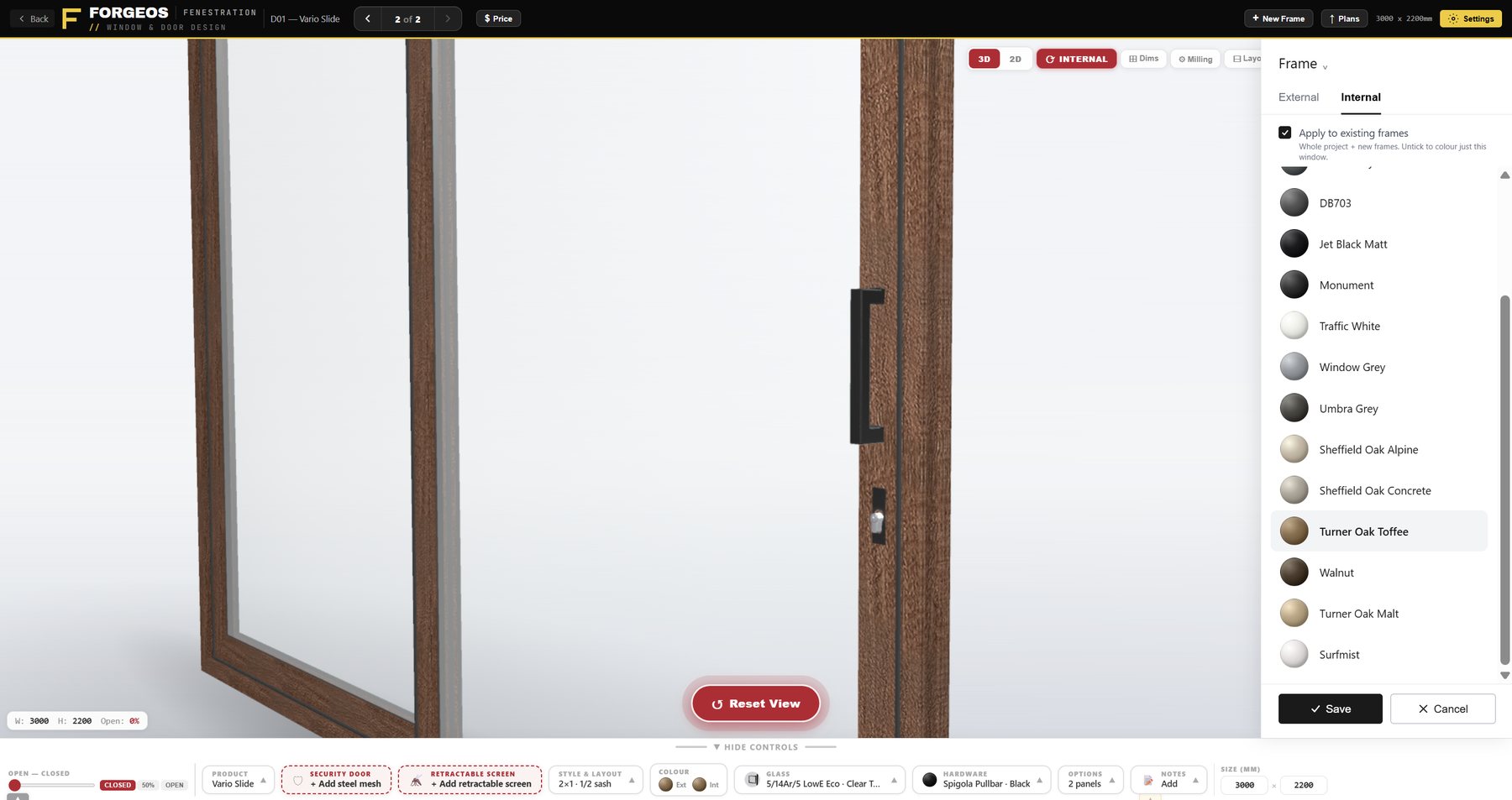 ForgeOS Fenestration: a timber-grain door in the 3D editor with the colour list open