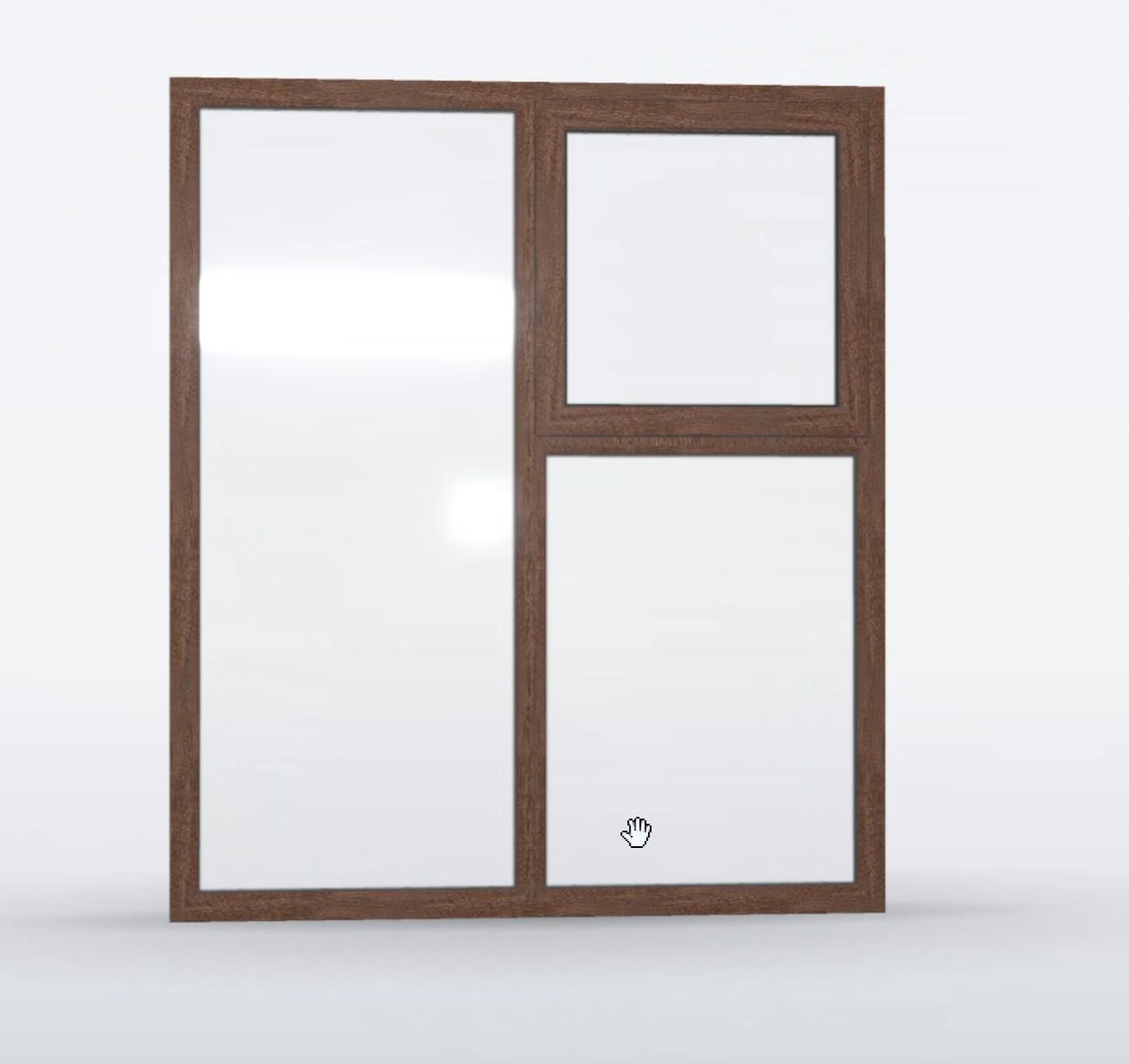 A three-pane woodgrain window rendered from outside