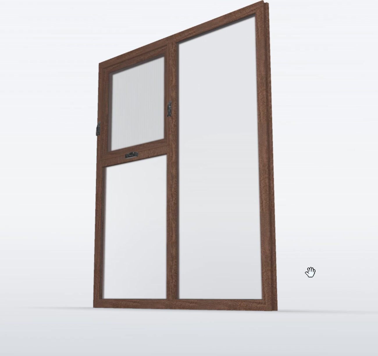 Inside view of a woodgrain window with reeded glass and black hardware