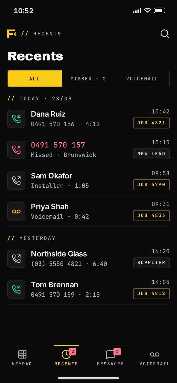 ForgeCall recents, each call filed to a job